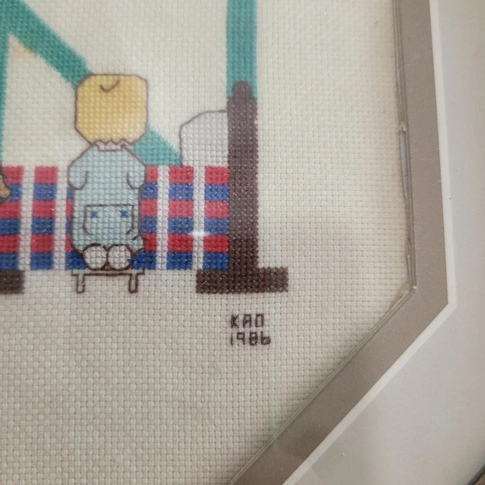 Vintage 1986 Shaun Cross Stitch Framed Art Handmade Name Decor Retro Octagon